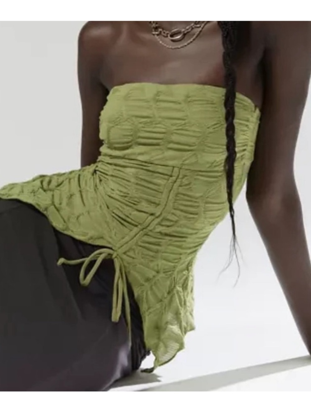 Olive Green Textured Strapless Crop Top